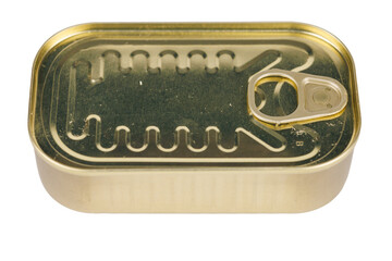 Golden tin can isolated on transparent background, perfect for packaging, food industry, or product mockup presentations