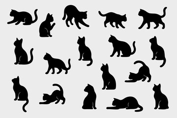 A collage of various black silhouettes of cats in different poses against, showcasing their playful and curious nature, decor element vector.
