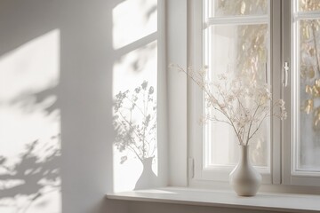 Sunlight streams through a window, casting soft shadows on a pale wall  Dried flowers in a simple vase sit on the windowsill, enhancing the serene ambiance