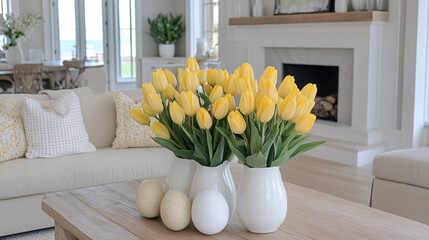 Yellow Tulips Decorating Cozy Home: a warm and inviting living room interior, with bright yellow tulips arranged in a white vase, and decorate the space with vibrant colors.