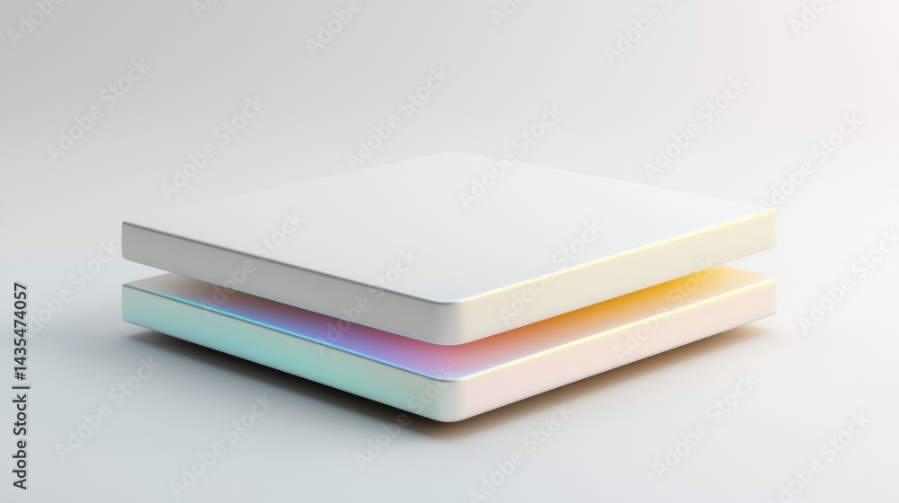 Poster a white cube with a gradient of colors sits on a white surface.