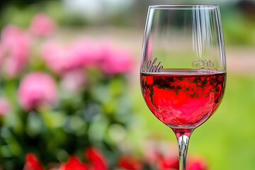 A glass of red wine, in focus, stands against a blurred background of pink flowers and greenery  The wine's color is vibrant and reflects light