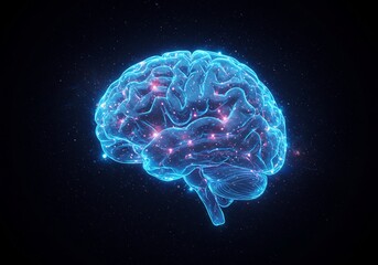 Glowing Blue Digital Brain Model in Dark Space