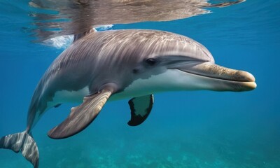 Obraz premium A dolphin swimming in the ocean with its mouth open, great for water or marine-themed projects