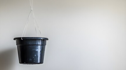 Empty Black Hanging Planter Pot Against White Wall