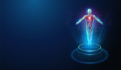 Healthy Human Body Holographic Projection Made of Neon Particles. Abstract vector illustration depicting health care medical industry concept on blue background