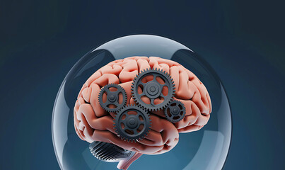 A 3D illustration of a human brain encircled by rotating gears of various sizes against a dark background.
