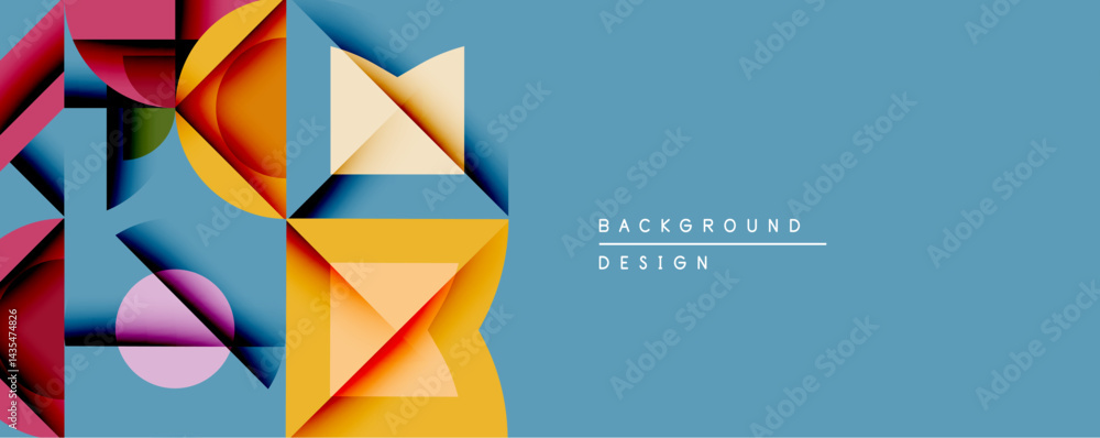 Aufkleber Abstract geometric composition. Overlapping shapes create dynamic visual effect. Bright colors contrast with cool blue backdrop. Modern design element.