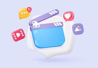 3d video camera simplicity icon signs with lens and button for theater. Realistic film movie icon, play button for streaming multimedia concepts. 3d movie cinema record icon vector render illustration