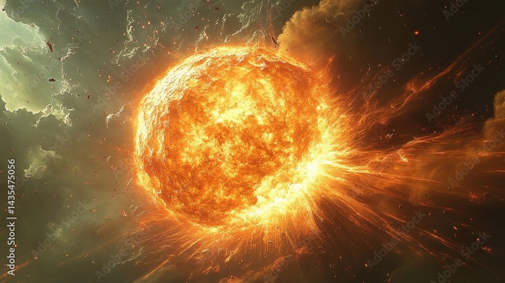 Poster fiery celestial body exploding in cosmic space.