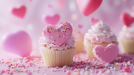 Heart-shaped treats and delightful cupcakes on a pink backdrop.