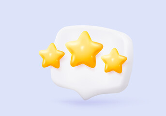 3d stars rating for best excellent services. Result score for satisfaction in speech bubble. Review for quality customer rating feedback, product award review. 3d star icon vector render illustration
