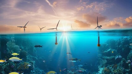 Ocean wind turbines and marine life at sunset. - Powered by Adobe