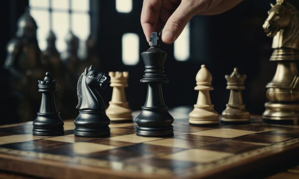 A close-up shot of a hand moving a chess piece on a chess board - Powered by Adobe