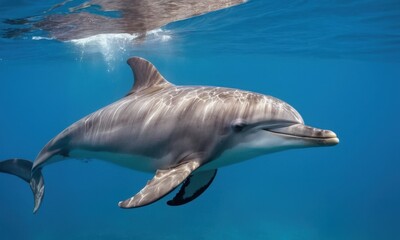 Fototapeta premium A dolphin swimming underwater with its mouth open, possibly hunting or socializing
