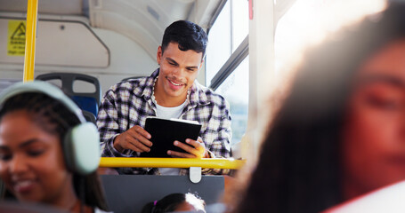 Travel, smile and man with tablet, bus and watching movies on app, public transport and entertainment. Relax, traveller and person with tech for film, happy and commuting to university in vehicle © Einero/peopleimages.com