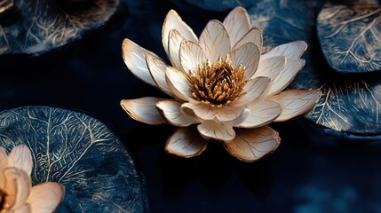 Close-up of a beautiful lotus flower floating on the water. With a dark blue background, it evokes the artistic atmosphere of ancient Chinese art.