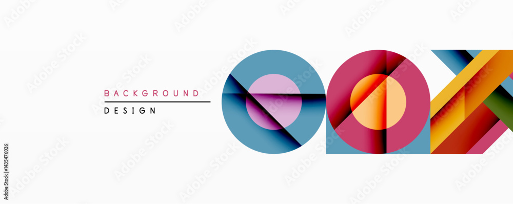 Poster Abstract geometric design features overlapping circles, squares, lines. Vibrant color palette includes pink, blue, yellow, purple. Modern minimalist aesthetic suitable for backgrounds, branding.