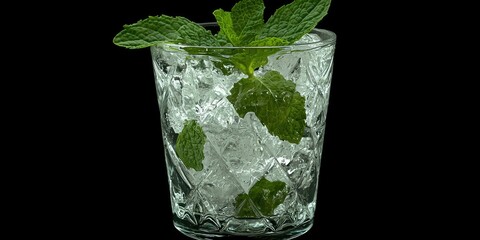 A mojito glass filled with ice and fresh mint leaves.
