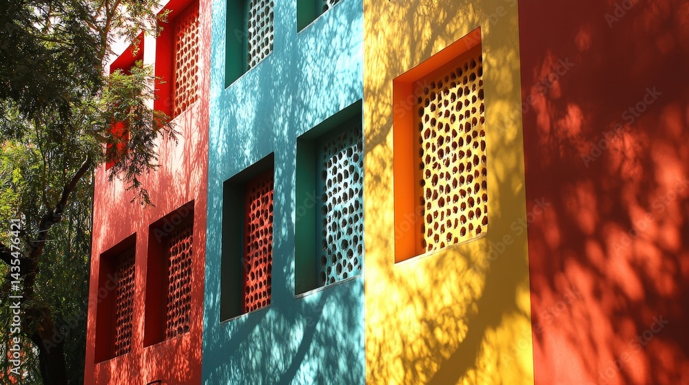 Poster colorful building facade with patterned windows under shade.