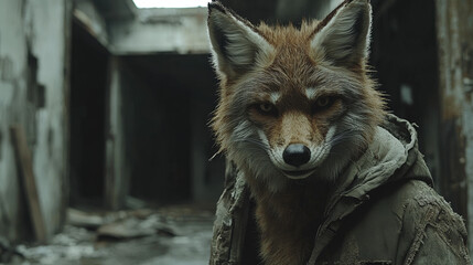 Fox in ruined building