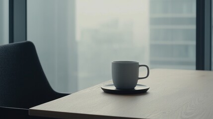A gray coffee cup sits on a saucer on a wooden table, with a cityscape visible through a large window.