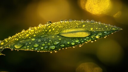 A green leaf displays water droplets in a natural environment