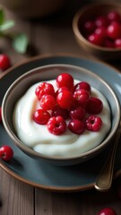 A bowl of creamy yogurt topped with fresh red berries sits on a wooden table, offering a deliciously healthy snack option