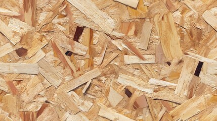 Seamless OSB board tile with natural wood chip patterns and raw material look for architectural backgrounds and renovation textures.