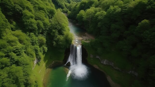 Tranquil waterfall in lush green forest - Powered by Adobe