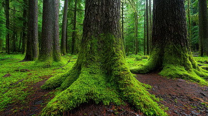 Obraz premium Majestic Trees in Lush Green Forest with Vibrant Moss Covering the Ground and Trunks