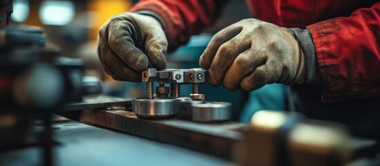 Mechanic assembling metal parts in workshop