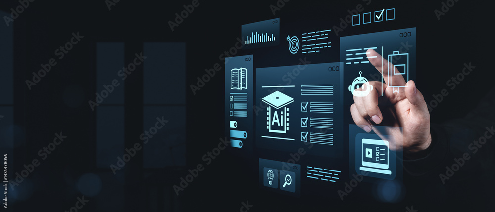Poster futuristic touchscreen interface showing ai learning icons and user interaction..
