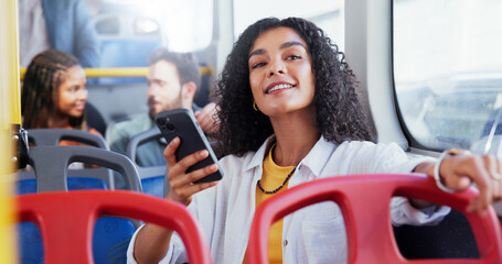 Phone, smile and thinking with businesswoman on bus for public transportation to work destination....