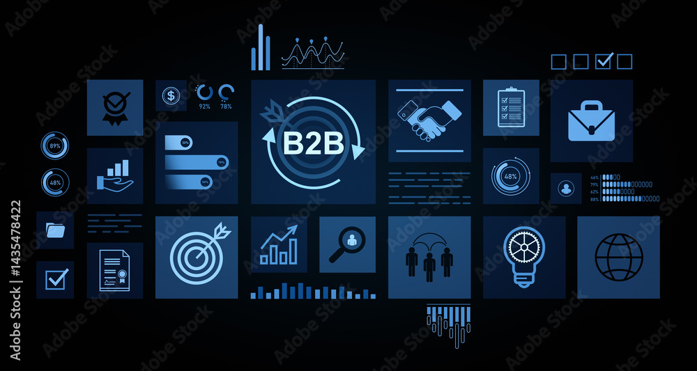 Aufkleber b2b business dashboard interface with marketing, analytics, and growth icons in futuristic digital l