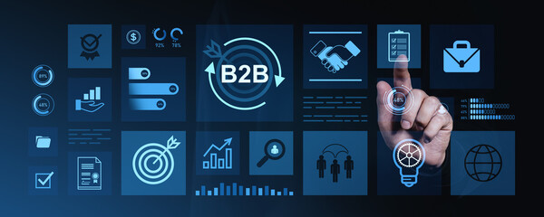 B2B marketing strategy interface with futuristic data icons on dark background.
