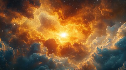 Fototapeta premium Fiery celestial clouds illuminating a starry cosmos.