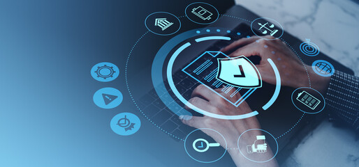 Cybersecurity data protection system with digital icons on blue background.