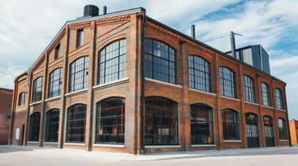 Fototapeta premium Industrial-style brick building with windows stock photo --ar 16:9 --raw --v 6 Job ID: 1e0c1f90-1abb-47cf-a428-9c08989b1eca