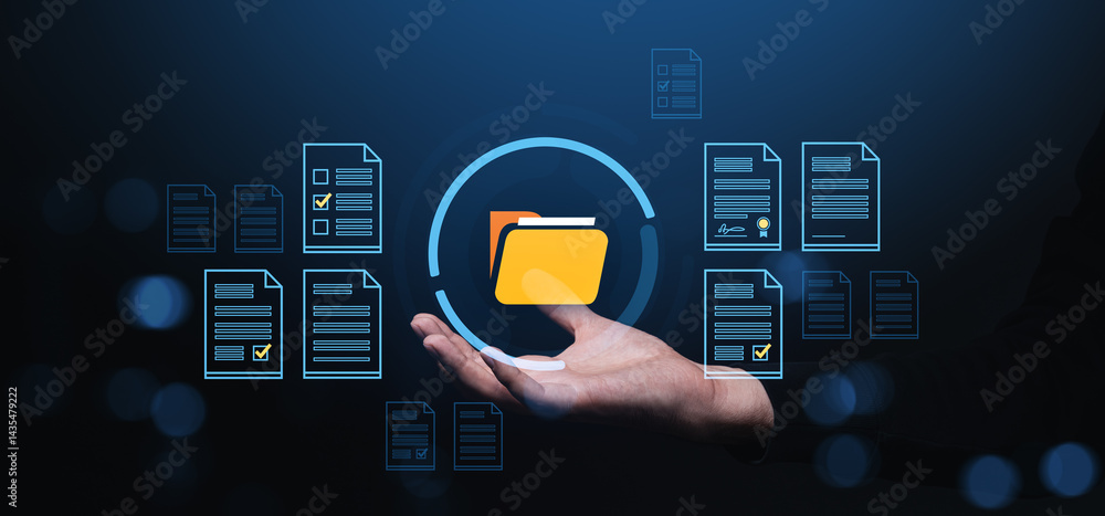Poster digital folder and document management concept in hand on dark background interface.