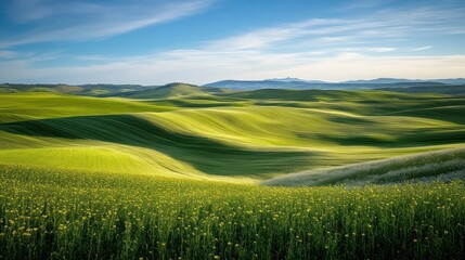 Fototapeta premium Rolling hills blanketed with fields of flowers