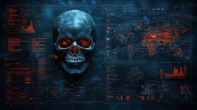 Glowing skull amidst digital data streams and world map