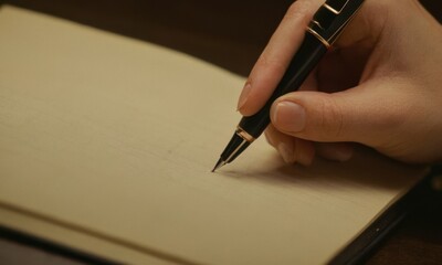 A person holding a pen and writing in a book