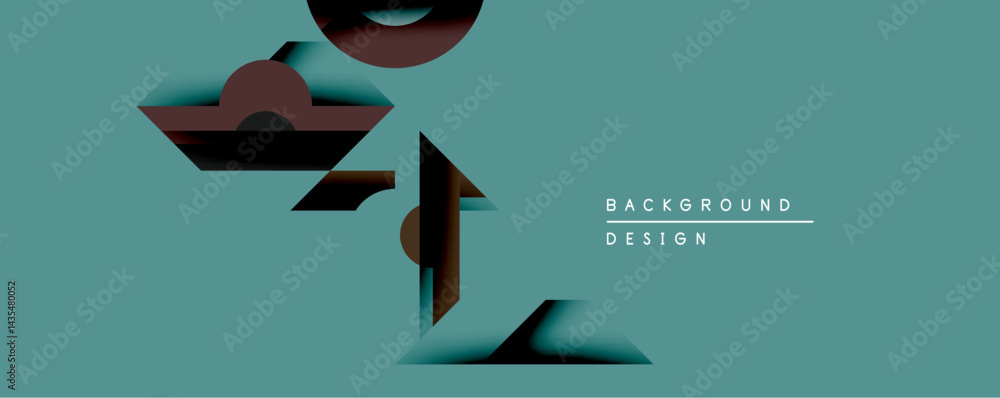 Poster Abstract geometric shapes overlap teal background. Dark red elements create depth, shadows suggest layered paper design. Minimalist aesthetic, modern visual style.