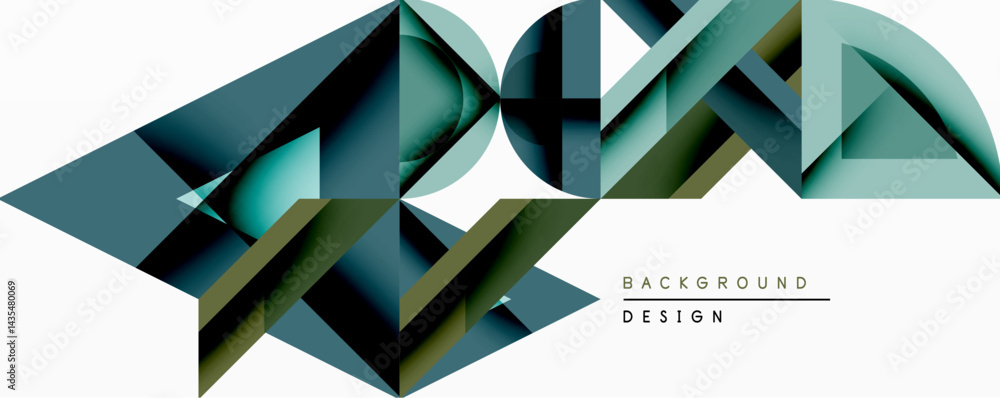 Poster abstract geometric shapes create dynamic composition. teal, olive, dark shades blend, forming modern