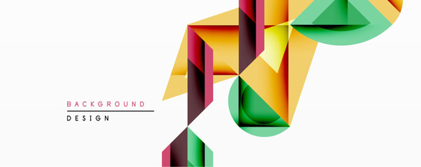 Abstract geometric design features vibrant overlapping shapes. Yellow, green, orange, burgundy hues create dynamic composition. Modern style suitable for backgrounds, presentations.