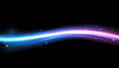 Obraz premium Glowing, wavy light streak with blue and pink hues on a black background, featuring sparkling particles