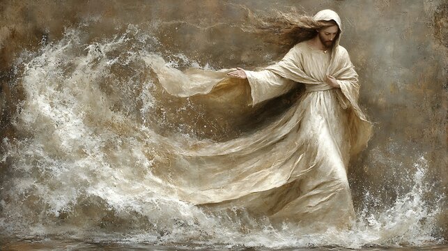Calm figure in flowing robe walking on turbulent water