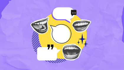 Pop art collage of expressive mouths and speech bubbles on colorful background.