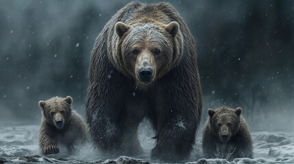 Grizzly bear with her cubs in a winter forest
